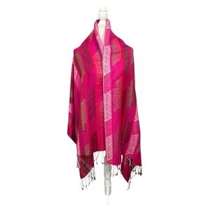 Luxury 90% Cashmere 10% Silk Scarf Wrap Shawl Pink Geometric Pattern Fringe